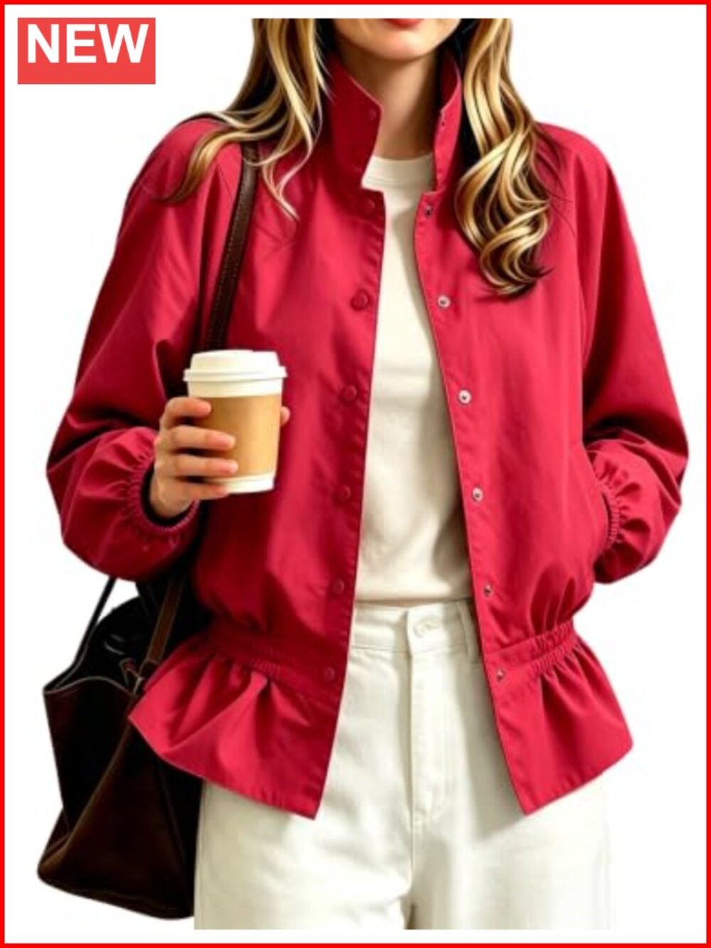 Womens Oversized Bomber Puff Jacket Stand Collar Lightweight Elastic Waist